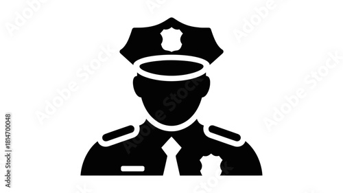 A minimalist black silhouette icon of a police officer in uniform, symbolizing authority, protection, and community safety, isolated on white