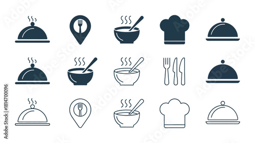 Food and restaurant icons set, including cloche, chef hat, hot soup bowl, and cutlery, for dining and kitchen services, isolated on