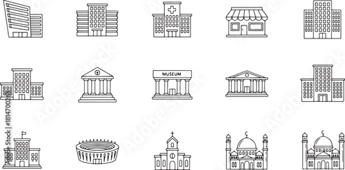 Collection of hand-drawn building icons including houses, hospital, museum, and mosques
