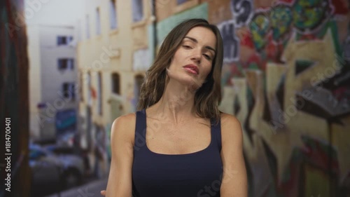 Young hispanic woman with bare arms crossed under bright daylight on a colorful graffiti lined city street; rejection.