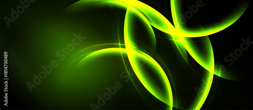 Bright green swirls dominate dark background. Abstract design evokes energy, motion, futuristic feel. Smooth curves create dynamic composition.