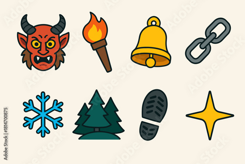 Krampus Icon Set. Krampus Festive Fear flat icons set. horned mask, torch flame, bell, chain, snowflake, dark forest, boot print, star glow