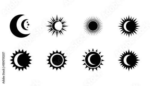 Celestial Symbols - Sun and Moon Icons in Black and White.