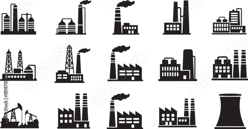 Collection of Industrial Factory and Oil Rig Icons building silhouette