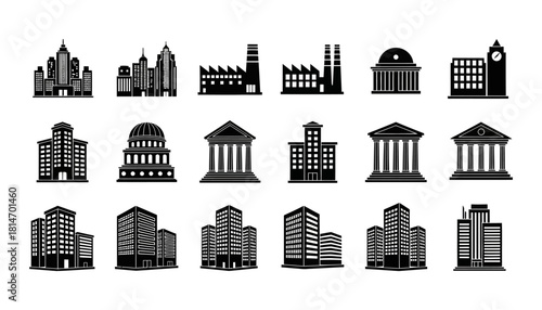 Collection of Black and White Building Silhouettes.