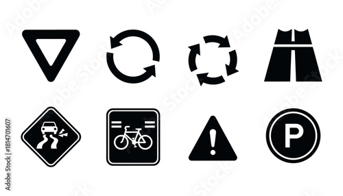 Collection of Black and White Road and Traffic Signs.
