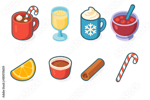 Festive Drink Icons. Holiday Beverage Set flat icons set. peppermint cocoa, eggnog glass, festive mug, cranberry punch bowl, orange slice garnish, sugar rim, cinnamon swirl, candy