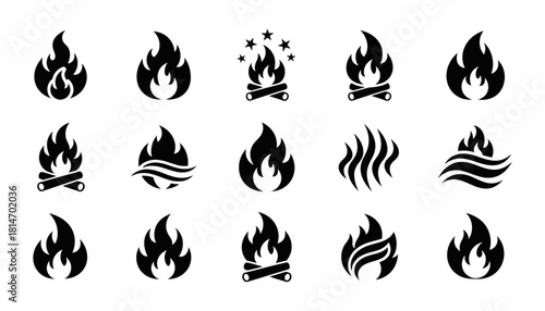 Collection of Black Fire Icons on White Background.
