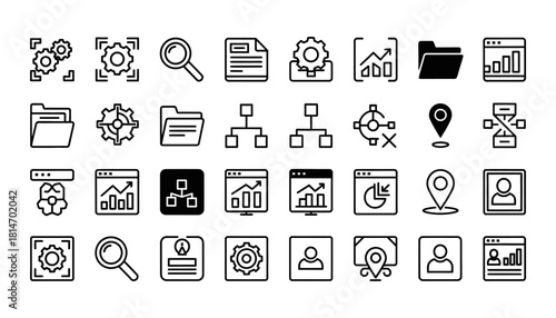 Collection of Business and Data Analysis Icons for Web Design.