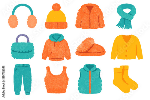 Cozy Winter Accessories. Playful Texture flat icon set : fuzzy earmuffs, pompom beanie, faux fur jacket, wool scarf, furry handbag, soft hoodie, fuzzy slipper, cozy cardigan