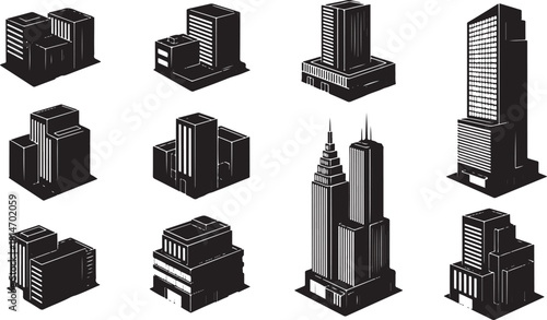 Isometric City Buildings Collection Black Silhouettes whisk 373b86cbfe1bbd089b24fbe3bc877eefdr