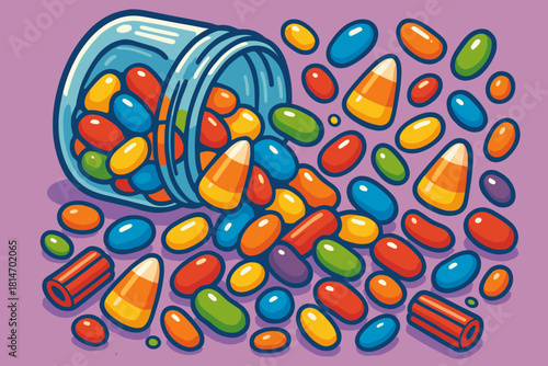 Colorful Candy Spill. Vibrant display of assorted candies spilling out of a tilted jar. The composition includes jelly beans, candy corn, and licorice in a colorful. Vector illustration