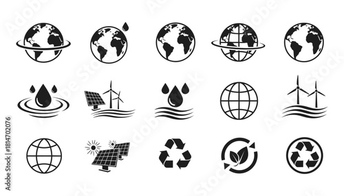 Collection of Environmental and Sustainability Icons in Black and White.