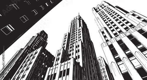 Low angle view of imposing art deco skyscrapers against a white sky architecture