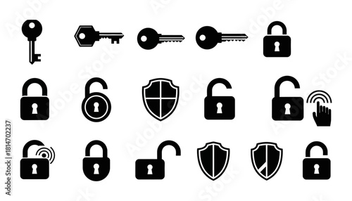Collection of Security Icons - Keys, Locks, and Shields.