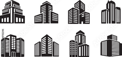 Modern City Building Icons Set with Various Architectural Styles Keywords: modern, city