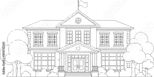Outline drawing of a classic two-story house with trees and bushes home building