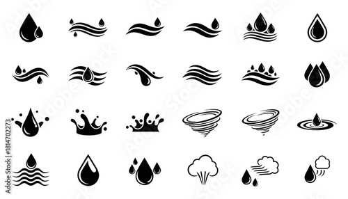 Collection of Water Drop and Wave Icons in Black and White.