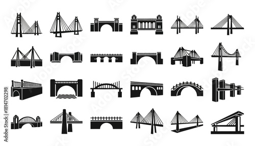 Collection of Various Bridge Designs in Black and White Silhouette.