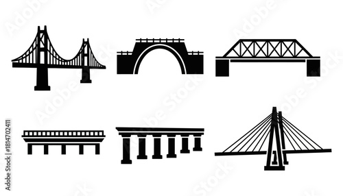 Diverse Bridge Silhouettes - Architectural Engineering and Infrastructure Icons.