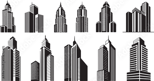 Set of Black and White Skyscraper Building Silhouettes architecture city