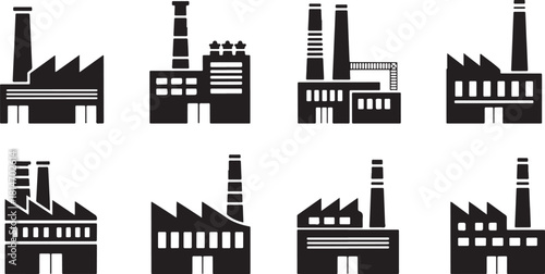 Set of Black Factory Icons with Chimneys on White Background Keywords: factory, industrial