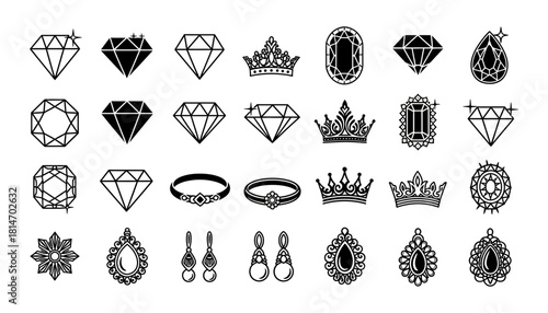 Elegant Jewelry Collection - Diamonds, Crowns, Rings, and Earrings.