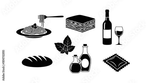 Italian Cuisine Still Life - Pasta, Lasagna, Wine, and Bread Illustration.