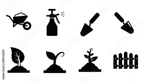 Gardening Tools and Plant Growth Stages Silhouette Icons.