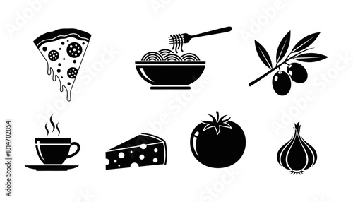 Italian Food Icons - Pizza, Pasta, Olives, Coffee, Cheese, Tomato, Garlic.