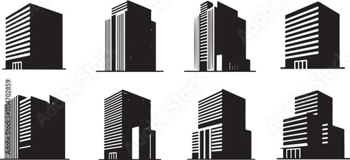 Set of Modern Skyscraper Silhouettes with Different Facades Keywords: building, skyscraper
