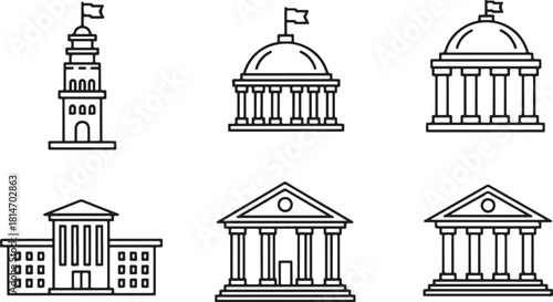 Set of Line Art Icons Representing Government and Public Buildings architecture