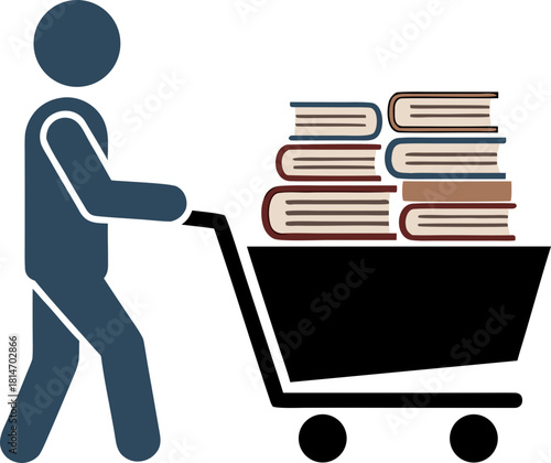A man is pushing a supermarket cart overflowing with books. A symbol of the "eternal student", thirst for knowledge and the race for retraining.