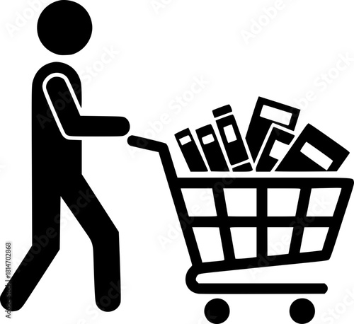 A man is pushing a supermarket cart overflowing with books. A symbol of the "eternal student", thirst for knowledge and the race for retraining.