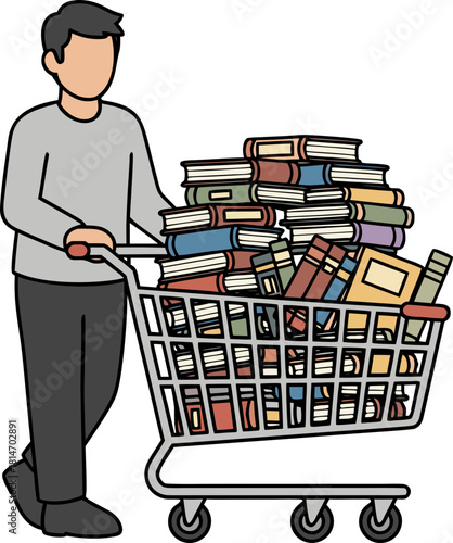 A man is pushing a supermarket cart overflowing with books. A symbol of the "eternal student", thirst for knowledge and the race for retraining.