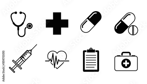 Medical Icons Set - Stethoscope, Cross, Pills, Syringe, Heartbeat, Clipboard, First Aid Kit.
