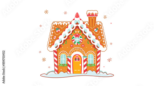 A cartoon gingerbread house with candy roof and snowflakes, gingerbread house decorated christmas