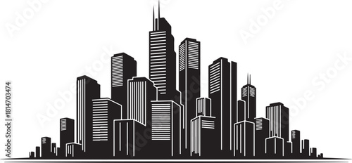 Stylized Black and White Cityscape Silhouette of Tall Buildings skyline urban
