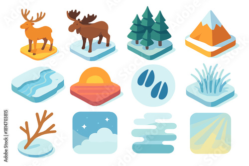 Isometric Northern Wildlife Icons. Northern Wildlife Set flat icons set. elk with antlers, moose in snow, pine forest, mountain, icy river, sunrise glow, hoof prints, frosted grass