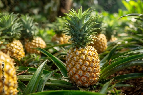 Pineapples Growing in a Lush Tropical Farm Under Sunny Weather