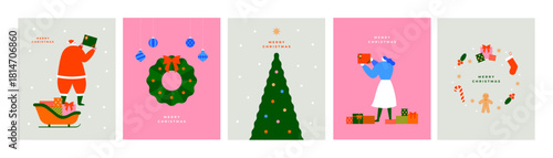 クリスマスカード風イラストセット｜サンタクロース・ツリー・リース・オーナメントなどのクリスマス素材を使ったカード風レイアウト｜ベクター