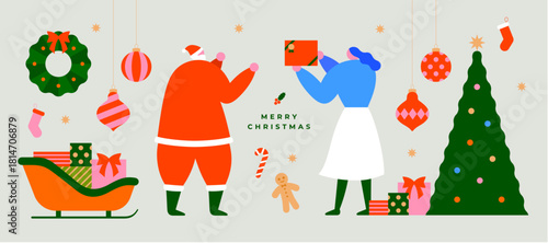 クリスマスのイラストセット｜サンタクロース・ツリー・リース・オーナメントなどのクリスマス素材｜ベクター