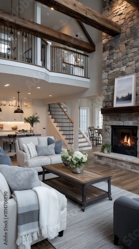 Cozy Modern Living Room With Stone Fireplace and Open Floor Plan in a Stylish Home