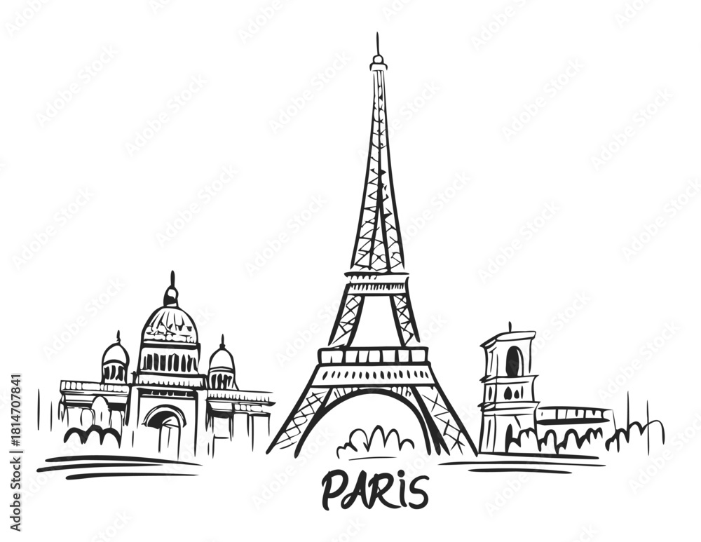 Fototapeta premium Minimalist Hand drawn Paris Skyline Tower Landmark Building and Famous Travel Destination