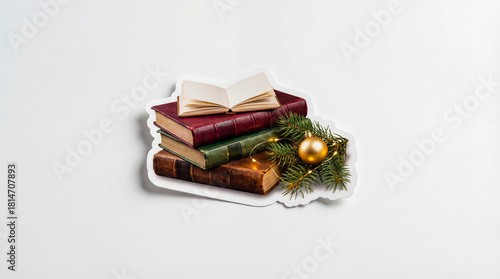 Stylish Christmas book sticker: books and notebook with pine branch and fairy lights, realistic 3D, white background, elegant, social media-ready.