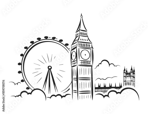 Simple Outline Line Art London Skyline Landmark Cityscape Illustration