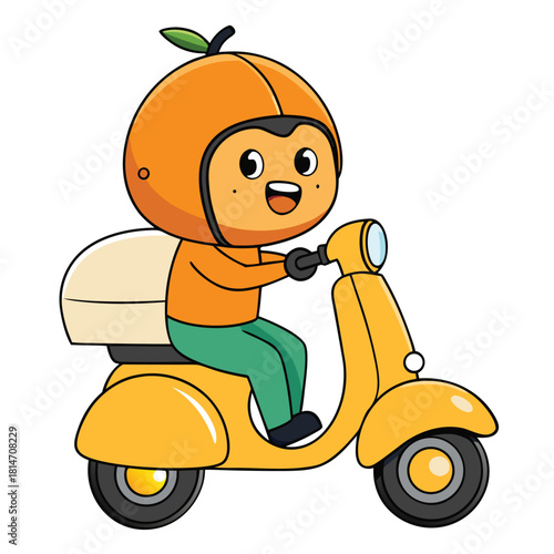 Cute cartoon orange character riding a yellow scooter with delivery box fruit