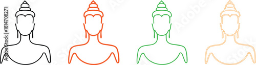 Set of Stylized Buddha Outline Icons in Multiple Colors