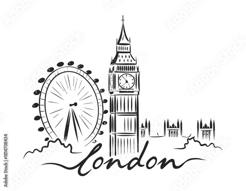 Hand drawn Sketch Style London City Skyline Landmark Building Illustration
