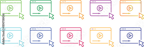 Colorful Gradient Line Art Web Video Player Icons Set with Mouse Cursor Clicking Play Button